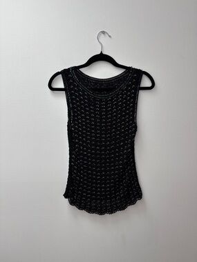 Beaded Crochet Knit Top - Black
